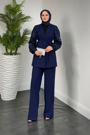 Marbella Kolları Payet Blazer Ceket Pantolon Takım Lacivert