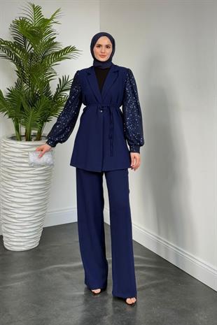 Marbella Kolları Payet Blazer Ceket Pantolon Takım Lacivert