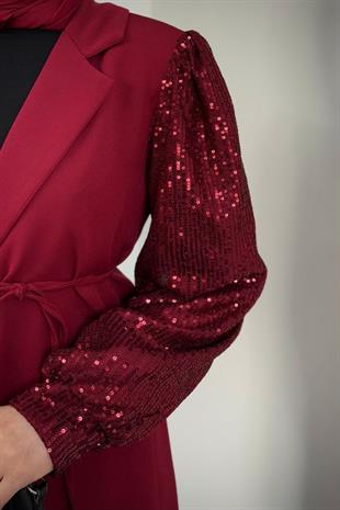Marbella Kolları Payet Blazer Ceket Pantolon Takım Bordo