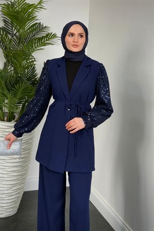 Marbella Kolları Payet Blazer Ceket Pantolon Takım Lacivert