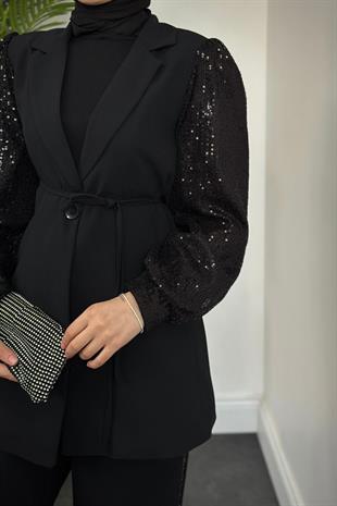 Marbella Kolları Payet Blazer Ceket Pantolon Takım Siyah