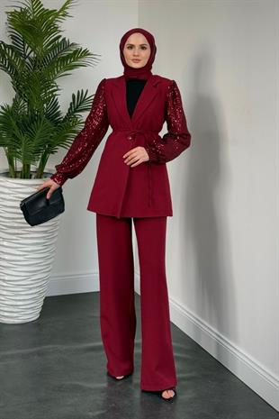 Marbella Kolları Payet Blazer Ceket Pantolon Takım Bordo
