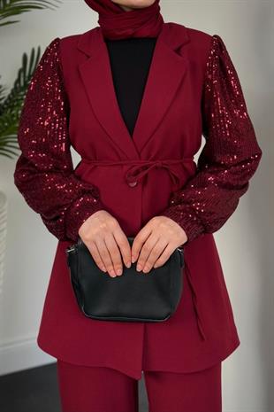 Marbella Kolları Payet Blazer Ceket Pantolon Takım Bordo