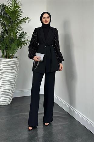 Marbella Kolları Payet Blazer Ceket Pantolon Takım Siyah