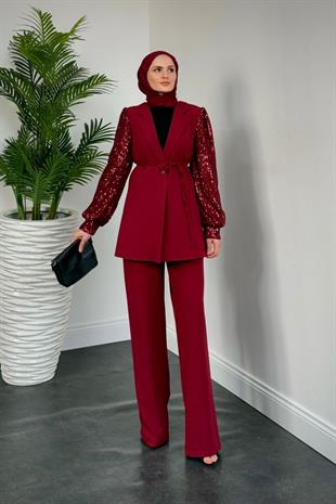 Marbella Kolları Payet Blazer Ceket Pantolon Takım Bordo