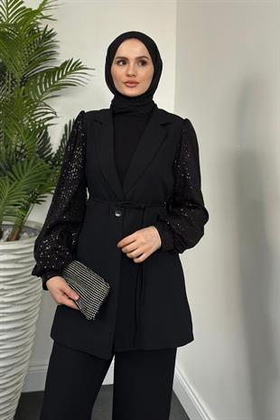 Marbella Kolları Payet Blazer Ceket Pantolon Takım Siyah