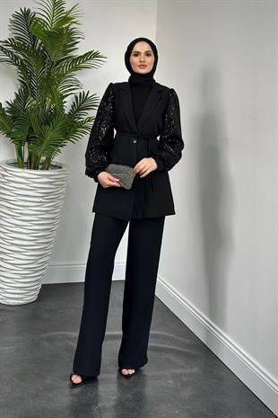Marbella Kolları Payet Blazer Ceket Pantolon Takım Siyah