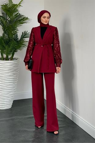 Marbella Kolları Payet Blazer Ceket Pantolon Takım Bordo