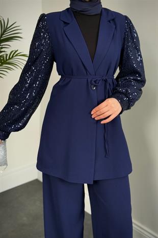 Marbella Kolları Payet Blazer Ceket Pantolon Takım Lacivert