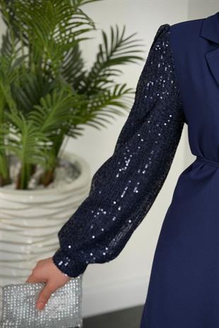 Marbella Kolları Payet Blazer Ceket Pantolon Takım Lacivert