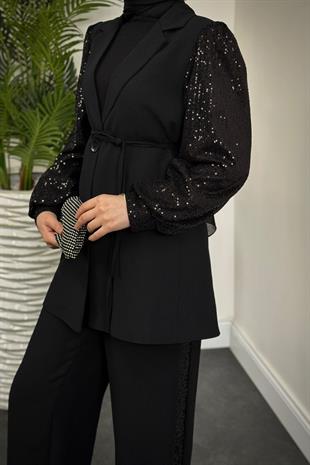 Marbella Kolları Payet Blazer Ceket Pantolon Takım Siyah