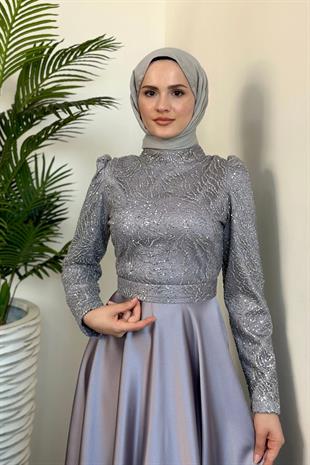 Marble Alt Kısmı Saten Abiye Gri