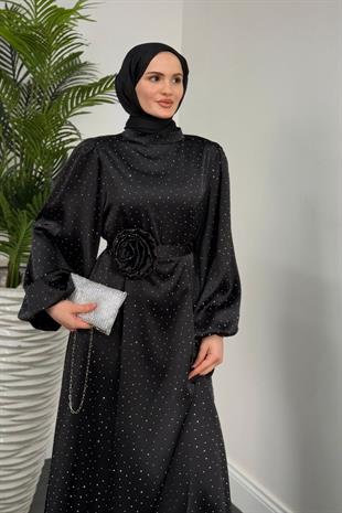 Margherita Taşlı Balon Kol Abiye Siyah