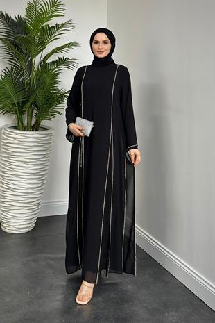 Mariah Şifon Taşlı Abaya Siyah