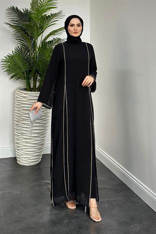 Mariah Şifon Taşlı Abaya Siyah