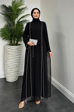 Mariah Şifon Taşlı Abaya Siyah