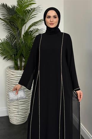 Mariah Şifon Taşlı Abaya Siyah