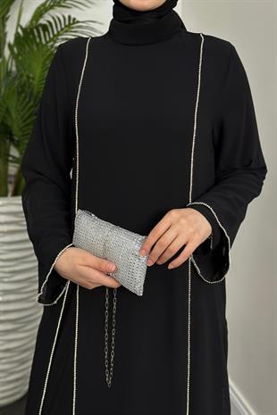 Mariah Şifon Taşlı Abaya Siyah