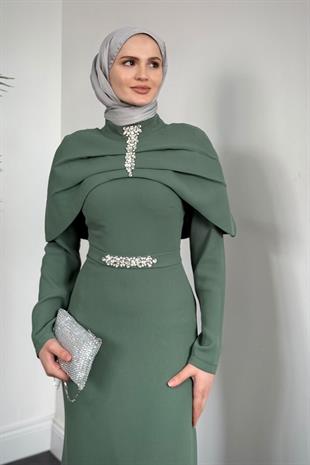 Mariam Pelerinli Kuyruklu Krep Abiye Haki