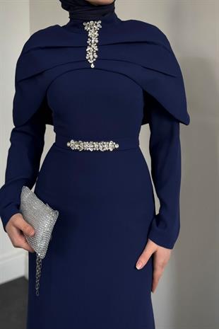 Mariam Pelerinli Kuyruklu Krep Abiye Lacivert