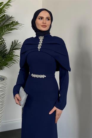 Mariam Pelerinli Kuyruklu Krep Abiye Lacivert