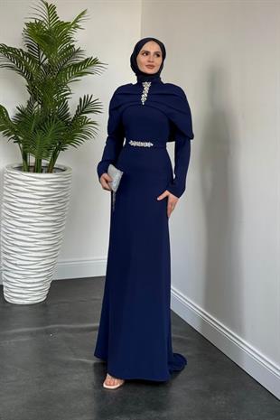 Mariam Pelerinli Kuyruklu Krep Abiye Lacivert