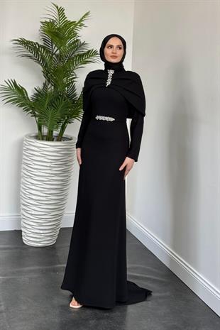 Mariam Pelerinli Kuyruklu Krep Abiye Siyah
