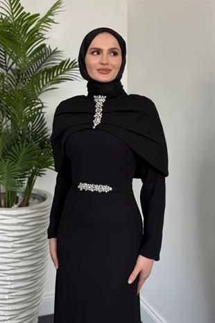 Mariam Pelerinli Kuyruklu Krep Abiye Siyah