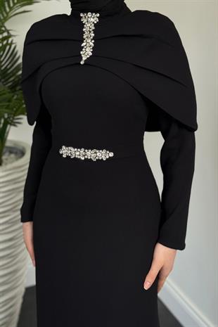 Mariam Pelerinli Kuyruklu Krep Abiye Siyah
