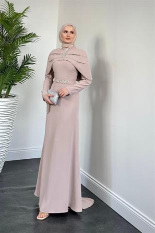 Mariam Pelerinli Kuyruklu Krep Abiye Taş