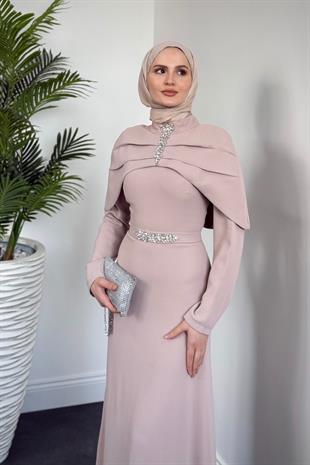 Mariam Pelerinli Kuyruklu Krep Abiye Taş