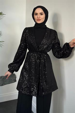 Marina Payetli Ceket Takım Siyah