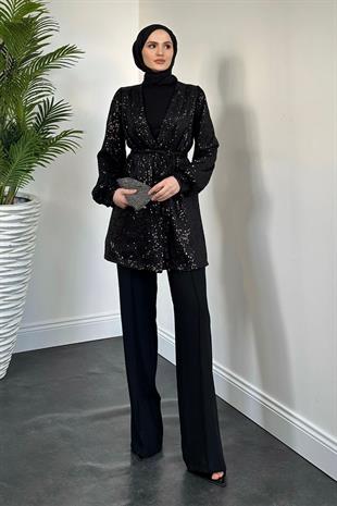 Marina Payetli Ceket Takım Siyah