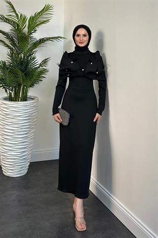 Marsil Taşlı Pelerinli Abiye Siyah