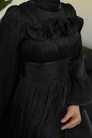 Maryam Altı Ve Göğüs Kısmı Fırfırlı Janjan Abiye Siyah