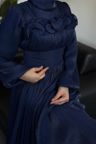 Maryam Altı Ve Göğüs Kısmı Fırfırlı Janjan Abiye Lacivert