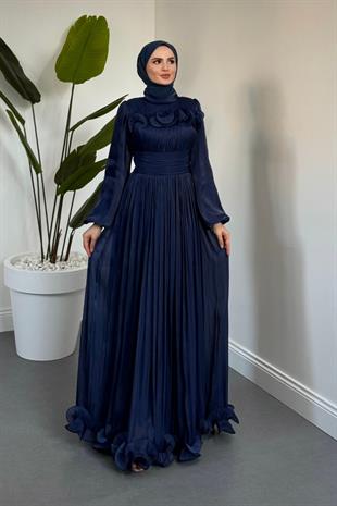 Maryam Altı Ve Göğüs Kısmı Fırfırlı Janjan Abiye Lacivert