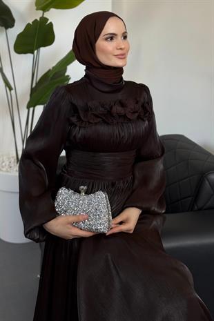 Maryam Altı Ve Göğüs Kısmı Fırfırlı Janjan Abiye Acı Kahve