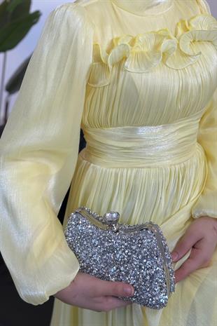 Maryam Altı Ve Göğüs Kısmı Fırfırlı Janjan Abiye Butter Yellow