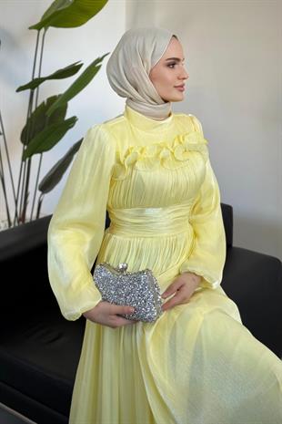 Maryam Altı Ve Göğüs Kısmı Fırfırlı Janjan Abiye Butter Yellow