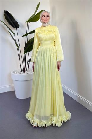 Maryam Altı Ve Göğüs Kısmı Fırfırlı Janjan Abiye Butter Yellow