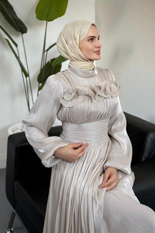 Maryam Altı Ve Göğüs Kısmı Fırfırlı Janjan Abiye Taş