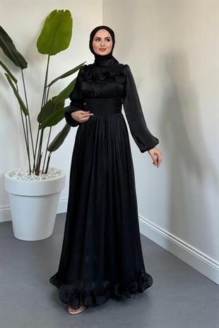Maryam Altı Ve Göğüs Kısmı Fırfırlı Janjan Abiye Siyah