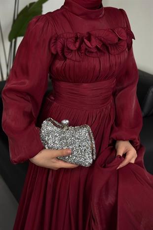 Maryam Altı Ve Göğüs Kısmı Fırfırlı Janjan Abiye Bordo