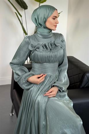 Maryam Altı Ve Göğüs Kısmı Fırfırlı Janjan Abiye Mint