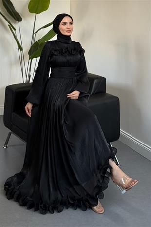 Maryam Altı Ve Göğüs Kısmı Fırfırlı Janjan Abiye Siyah