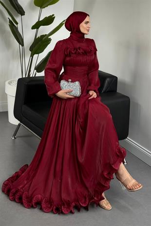 Maryam Altı Ve Göğüs Kısmı Fırfırlı Janjan Abiye Bordo