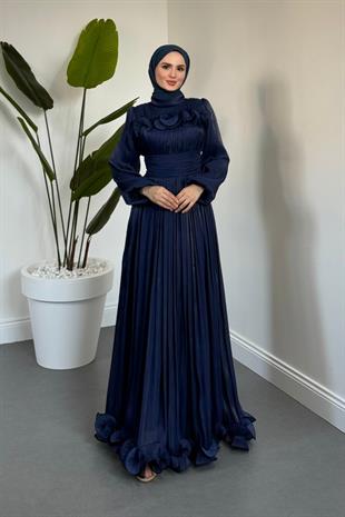 Maryam Altı Ve Göğüs Kısmı Fırfırlı Janjan Abiye Lacivert