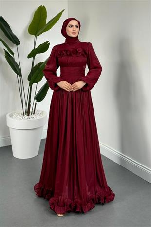 Maryam Altı Ve Göğüs Kısmı Fırfırlı Janjan Abiye Bordo