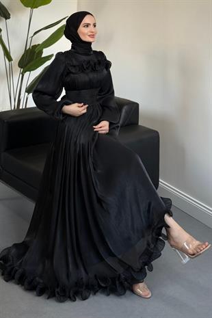Maryam Altı Ve Göğüs Kısmı Fırfırlı Janjan Abiye Siyah